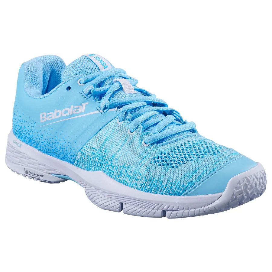 Babolat Sensa Women's Padel Shoes Sky Blue/Tigerlily - angled view
