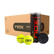 NOX Nerbo padel balls box of 24 tubes with a tube and yellow balls in front